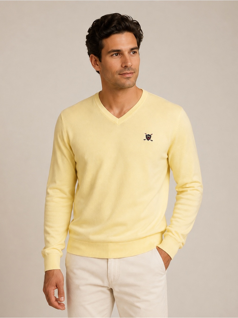 Polo Ralph Lauren Men’s Yellow V-Neck Sweater XXL Embroidered Crest Logo